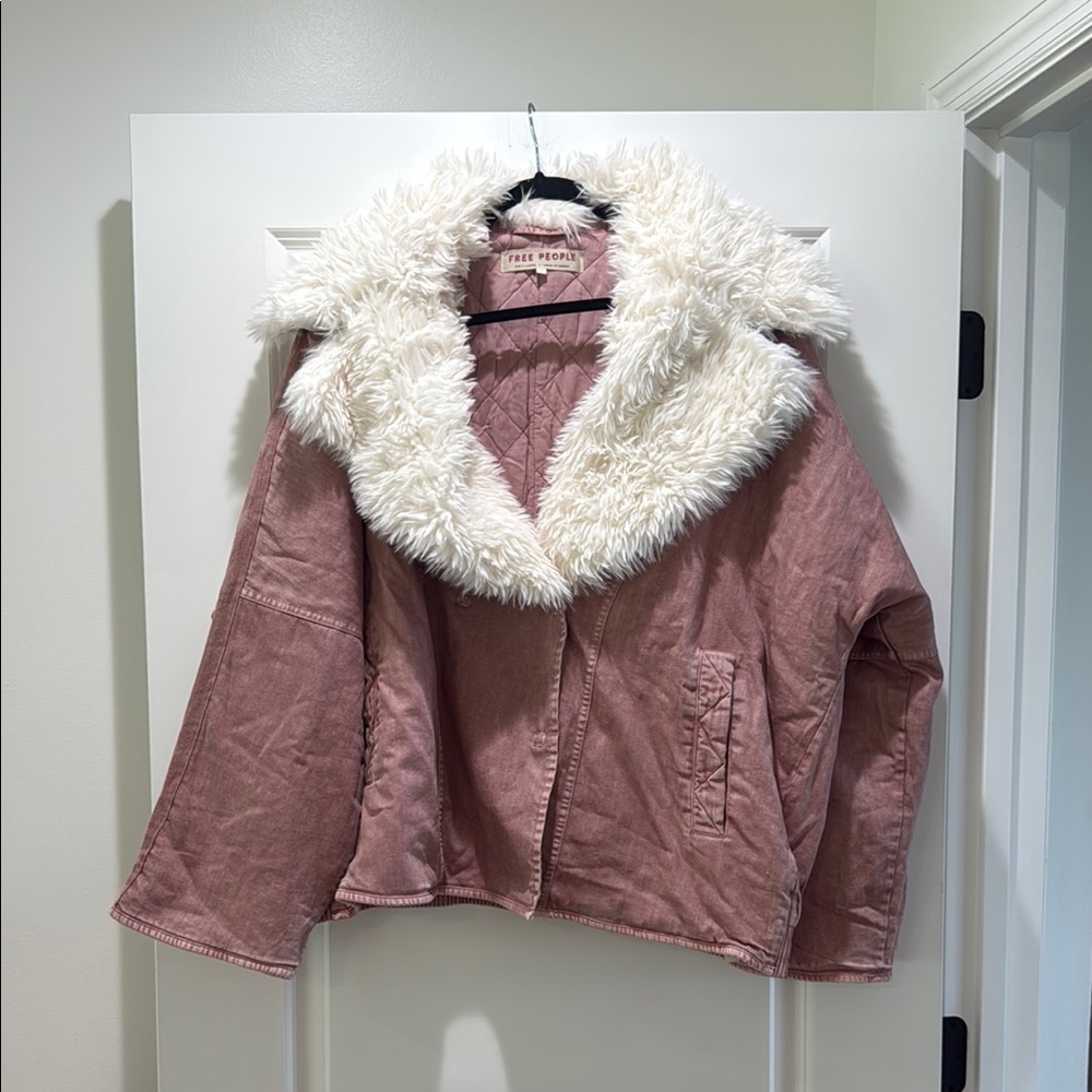 Free People Pink and White Teddy Jacket with Faux Fur